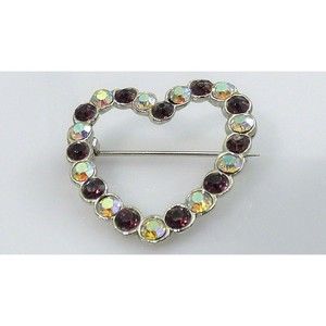 Vintage Aurora Borealis Red Rhinestone Heart Valentine Brooch Pin Silver Tone